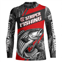 Load image into Gallery viewer, Black And Red Camo Striped Bass Long Sleeve Tournament Fishing Shirts, Custom Striper Fishing Jersey IPHW6317