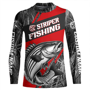 Black And Red Camo Striped Bass Long Sleeve Tournament Fishing Shirts, Custom Striper Fishing Jersey IPHW6317