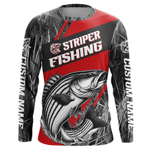 Load image into Gallery viewer, Black And Red Camo Striped Bass Long Sleeve Tournament Fishing Shirts, Custom Striper Fishing Jersey IPHW6317