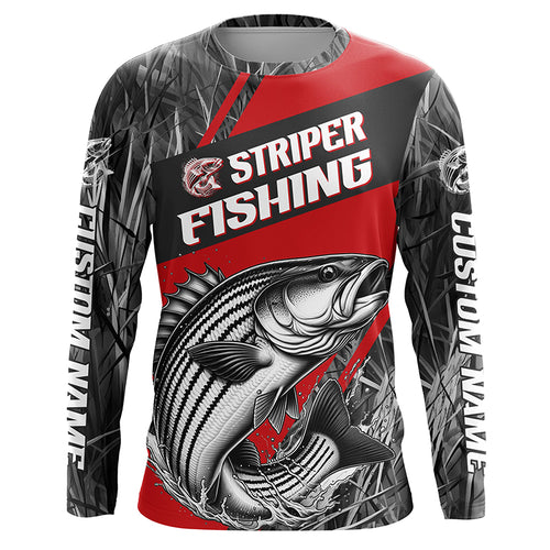 Black And Red Camo Striped Bass Long Sleeve Tournament Fishing Shirts, Custom Striper Fishing Jersey IPHW6317