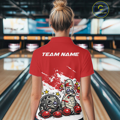 Back view of a female bowler wearing a red and white polo shirt, boxing-style bowling ball and pin design showing playful beaten-up fighter concept.