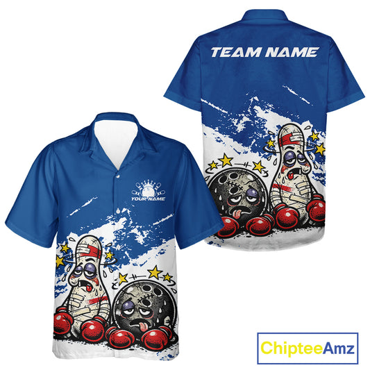 Front and back view of a button-up bowling shirt mockup in blue and white, featuring boxing-style bowling ball and pin playful illustration.