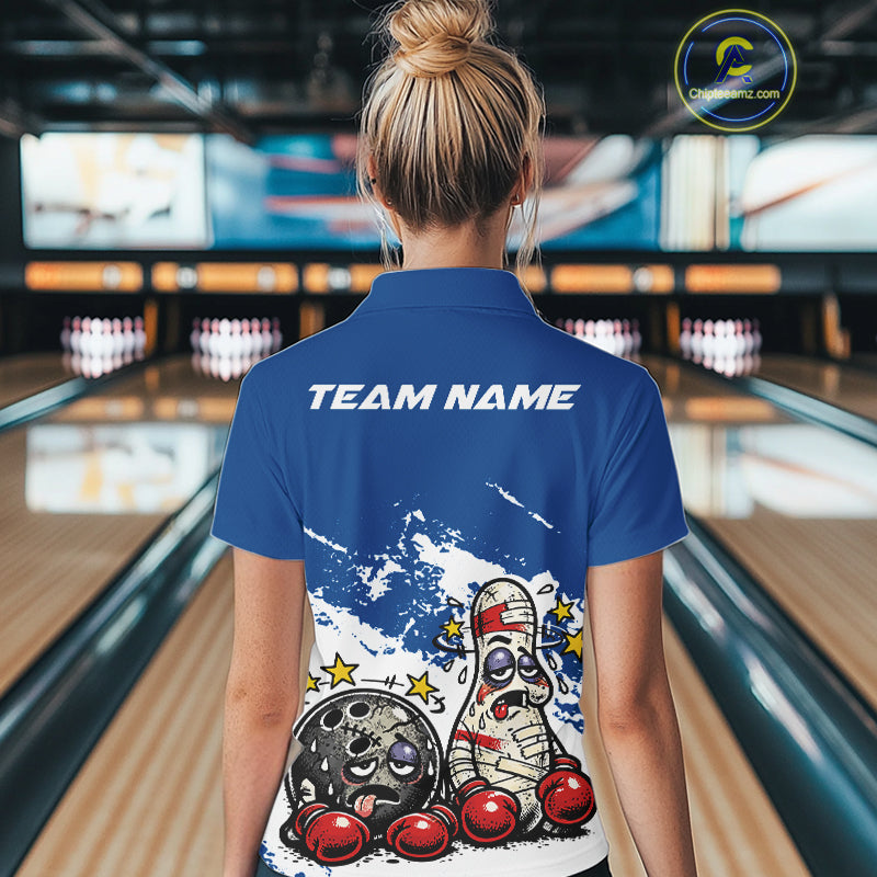 Back view of a female bowler wearing a blue and white polo shirt, cartoon boxing bowling ball and pin artwork with dynamic motion style.
