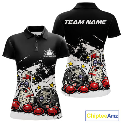 Front and back view of a women’s polo shirt mockup in black and white, featuring boxing-style bowling ball and pin illustration.