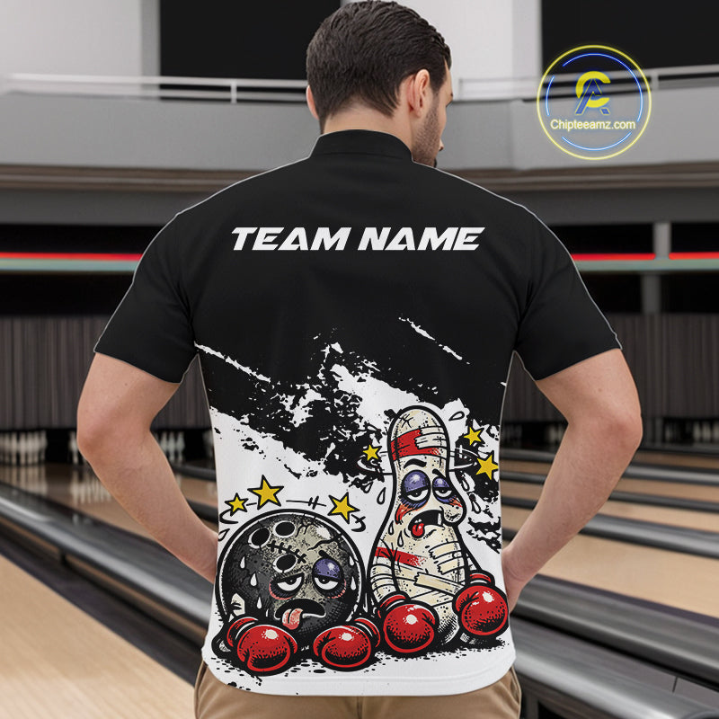 Male model in a bowling lane wearing a black and white quarter-zip shirt, cartoon boxing bowling strike scene with dynamic graphic style.