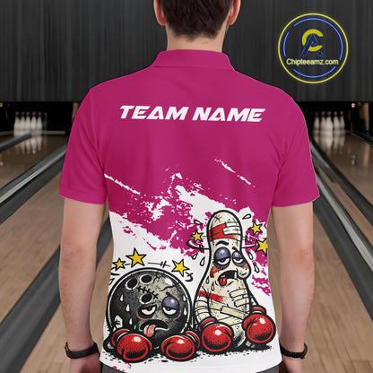 Back view of a male bowler wearing a pink and white polo shirt, boxing-style bowling ball and pin illustration with cartoon fight concept.