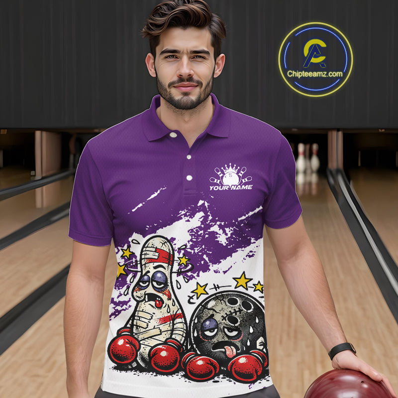Male model in a bowling lane wearing a purple and white polo shirt, humorous boxing bowling strike artwork with energetic cartoon style.