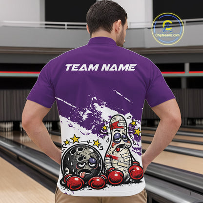 Male model in a bowling lane wearing a purple and white quarter-zip shirt, humorous boxing bowling strike illustration with lively motion.