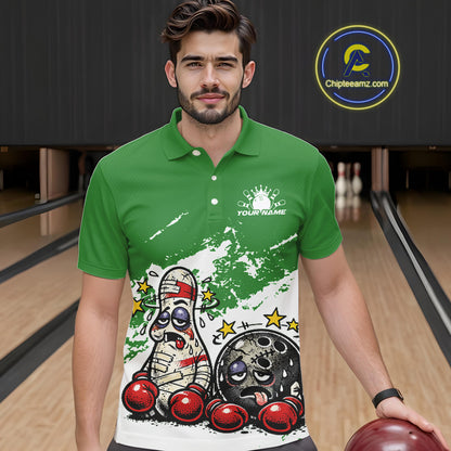 Male model in a bowling lane wearing a green and white polo shirt, humorous boxing bowling ball and pin artwork with playful fight-style design.