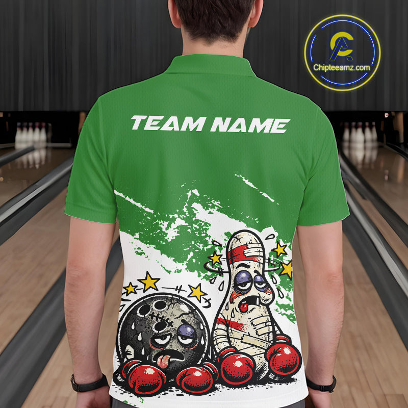 Back view of a male bowler wearing a green and white polo shirt, boxing-style bowling ball and pin illustration with beaten-up cartoon concept.