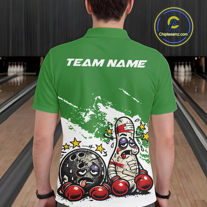 Back view of a male bowler wearing a green and white polo shirt, boxing-style bowling ball and pin illustration with beaten-up cartoon concept.