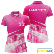 Load image into Gallery viewer, Front and back pink women’s polo shirt mockup featuring bowling ball and pins graphics blended into a pink geometric pattern.