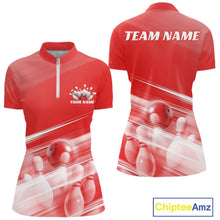Load image into Gallery viewer, Front and back red women’s bowling quarter zip mockup featuring bowling ball and pins blended into a pink geometric pattern background.