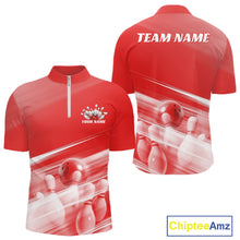 Load image into Gallery viewer, Front and back red men’s bowling quarter zip shirt mockup featuring bowling ball and pins blended into a pink geometric background.