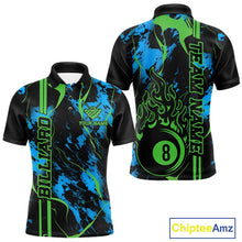 Load image into Gallery viewer, Front and back men’s Billiard polo shirt mockup featuring a flaming billiard 8 ball motif on a blue and green abstract background.