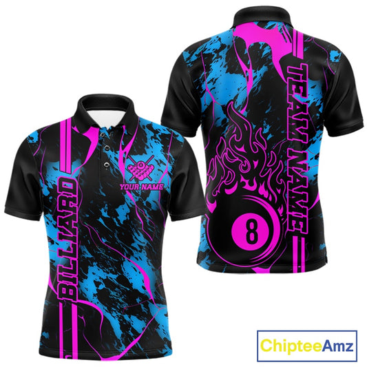 Front and back men’s Billiard polo shirt mockup with billiard 8 ball flame graphics over a blue and green abstract background.