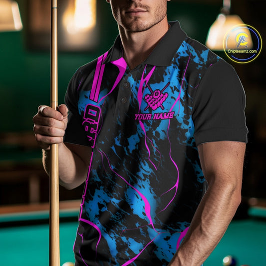 Front view male model wearing a polo shirt with flaming billiard 8 ball artwork across a blue and green abstract background.