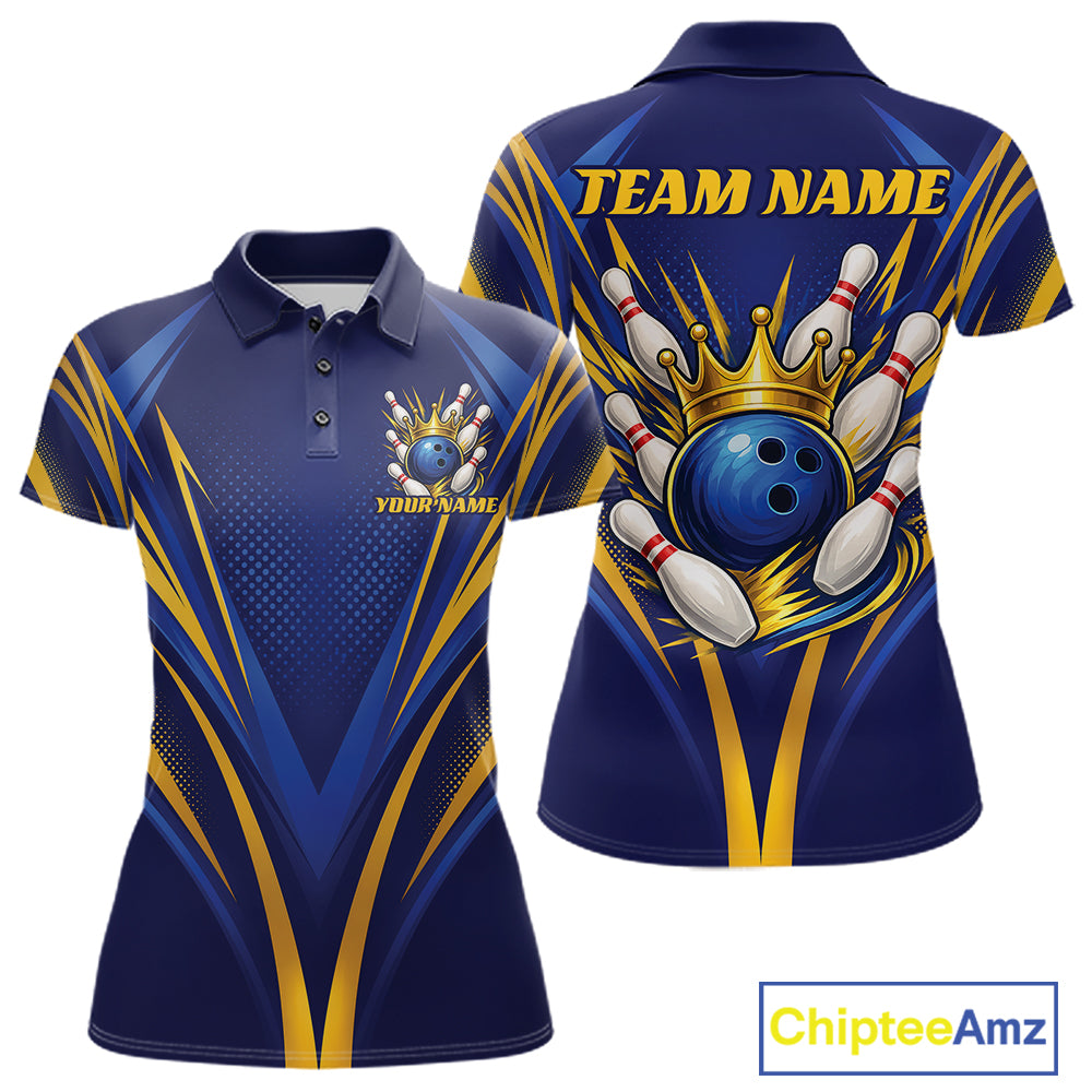 Custom Blue And Gold Crowned Bowling Ball Bowling Queen Bowling Team Women Polo Shirt IPHW11810