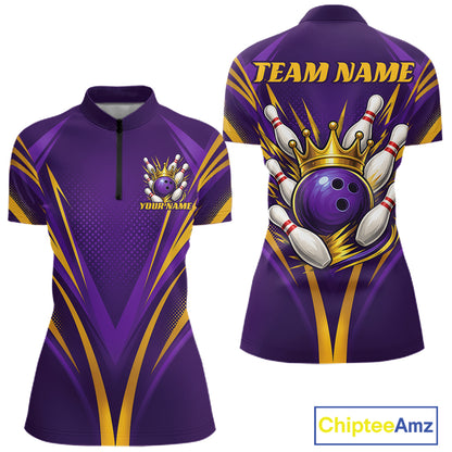 Custom Purple And Gold Crowned Bowling Ball Bowling Queen Team Women Quarter-Zip Shirt IPHW11812