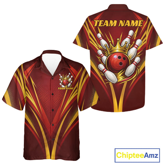 Custom bowling-themed short-sleeve button-up shirts shown from both front and back. The design features a dark red base with yellow and gold graphic stripes, a red bowling ball and pins with a gold crown, and customizable text areas reading 'TEAM NAME' and 'YOUR TEAM NAME' on the chest.