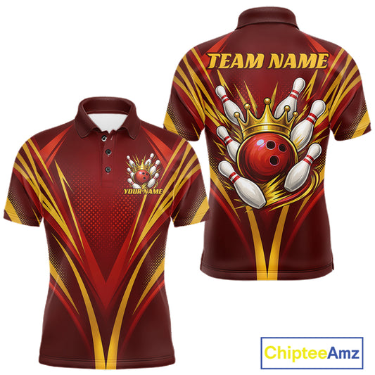 Custom bowling-themed polo shirt shown from the front and back on a white background. The shirt features a dark red base with gold and red graphic patterns, a bowling ball and pins design on the back under a crown, and customizable text areas.