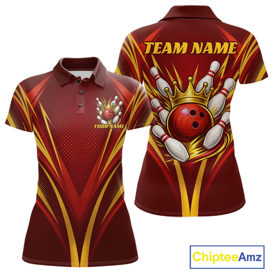 Custom bowling womens short-sleeve polo shirt shown from the front and back. The shirt features a dark red and maroon base with yellow and gold flame-like graphic patterns, a red bowling ball and pins illustration on the back with a gold crown, and customizable text placeholders reading 'TEAM NAME' and 'YOURNAME'.