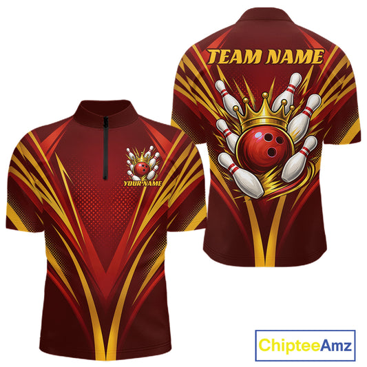 Custom bowling-themed short-sleeve quarter zip shirt shown from both front and back. The shirt features a dark red and gold graphic patterns, a large bowling pin and bowling ball with crown illustration on the back 