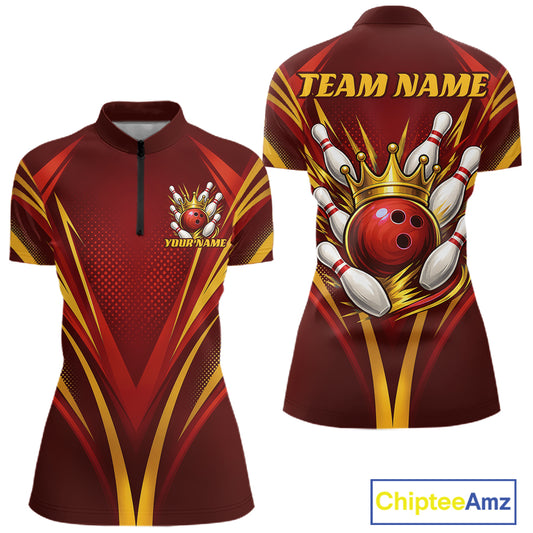 Front and back views of a custom bowling-themed short-sleeve quarter zip shirt in dark red and gold, featuring a crown and bowling ball graphic, customizable text, and a ChipteeAmz logo.