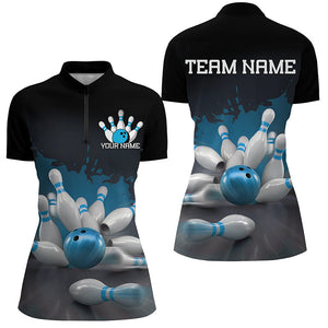 Custom Black And Blue Bowling League Shirts, Bowling Team Jerseys Bowling Shirts For Women IPHW7676