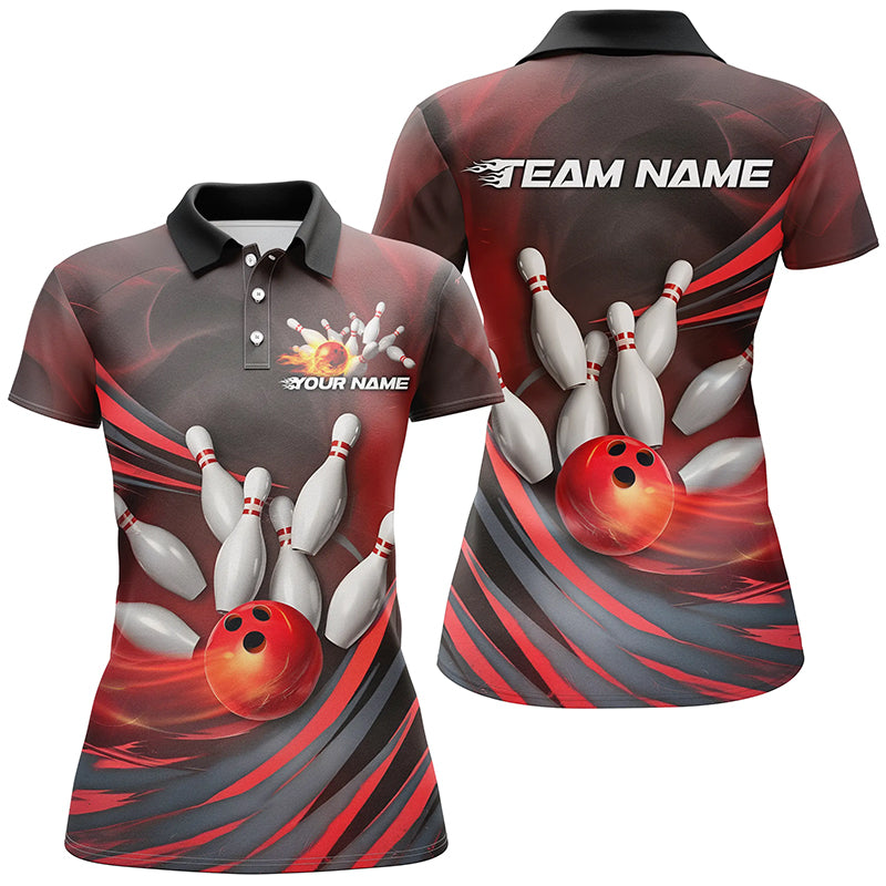 Red Flame Custom Bowling Shirts For Women, Fire Bowling Team Uniform Bowling Tournament IPHW7678