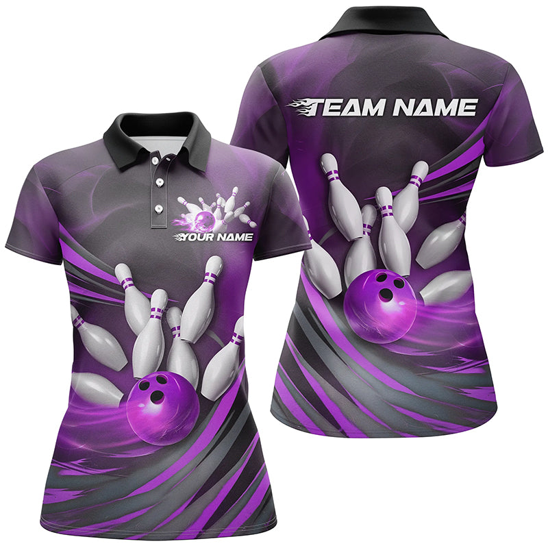 Purple Flame Custom Bowling Shirts For Women, Fire Bowling Team Uniform Tournament IPHW7680