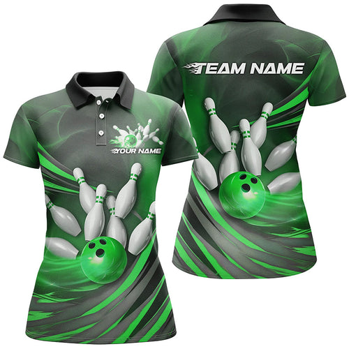 Green Flame Custom Bowling Shirts For Women, Fire Bowling Team Uniform Tournament IPHW7681