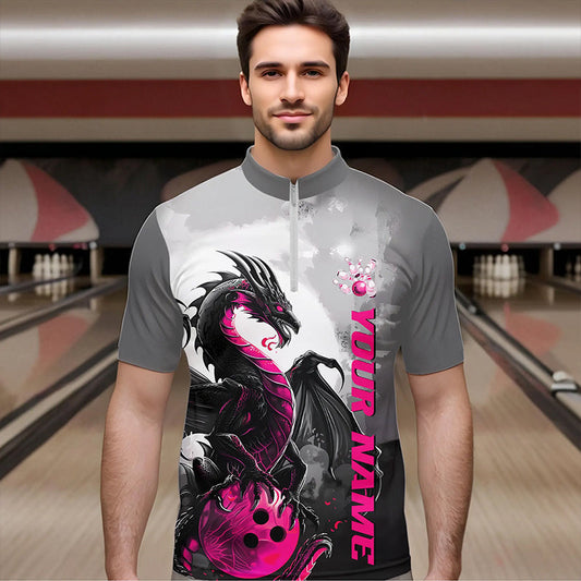 Black And Pink Custom Dragon Bowling Quarter-Zip Shirts For Men, Dragon Bowling Team Shirts IPHW8818
