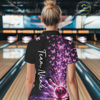 Custom Pink And Purple Butterfly Women Bowling Polo Shirt, Bowling League Shirt IPHW10904