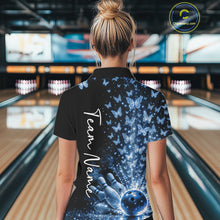 Load image into Gallery viewer, Custom Blue Butterfly Women Bowling Polo Shirt, Bowling League Shirt IPHW10906