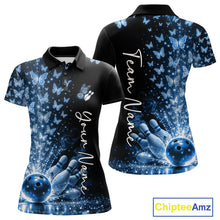 Load image into Gallery viewer, Custom Blue Butterfly Women Bowling Polo Shirt, Bowling League Shirt IPHW10906