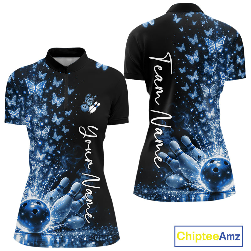 Custom Blue Butterfly Women Bowling Quarter-Zip Shirt, Bowling League Shirt IPHW10906
