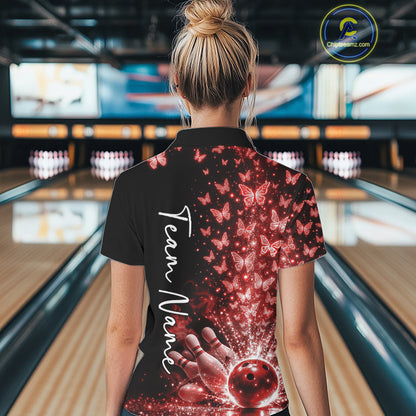 Custom Red Butterfly Women Bowling Polo Shirt, Bowling League Shirt IPHW10907