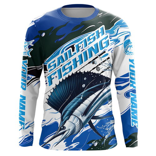 Custom Sailfish Fishing Blue Camo Long Sleeve Shirts, Sailfish Saltwater Fishing Jerseys IPHW6326