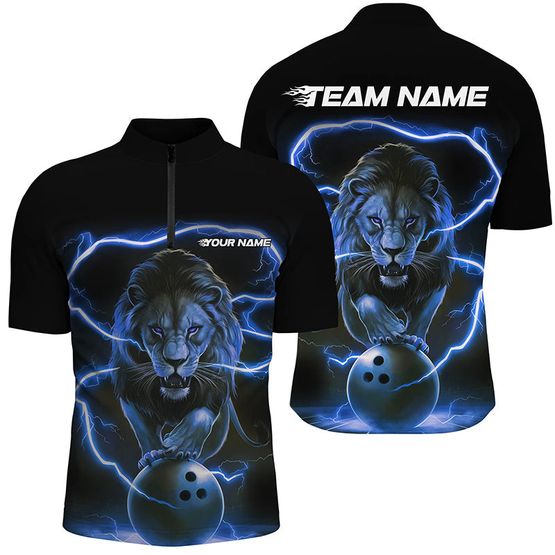 Custom Lion Bowling Quarter Zip Shirts For Men, Personalized Bowling Shirts Bowling Uniform | Blue IPHW6785