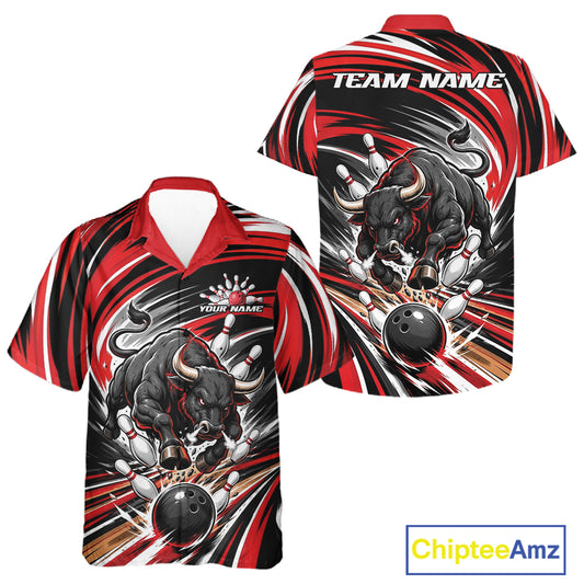 Custom Black And Red Angry Bull Bowling Jerseys, Bowling Team League Men And Women Button Up Shirt IPHW11818