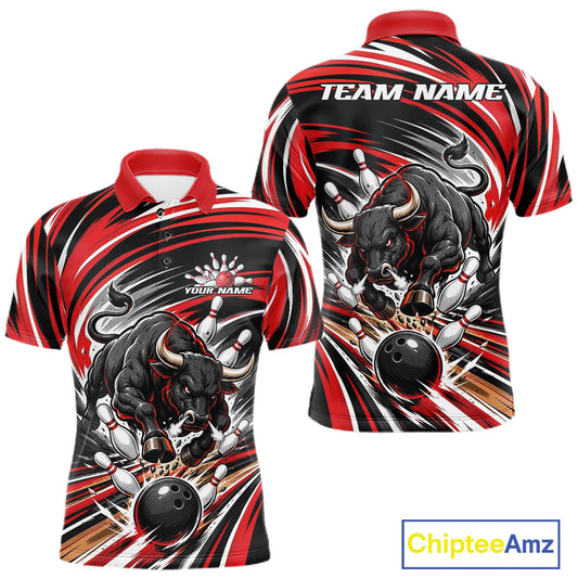 Custom Black And Red Angry Bull Bowling Jerseys, Bowling Team League Men Polo Shirt IPHW11818