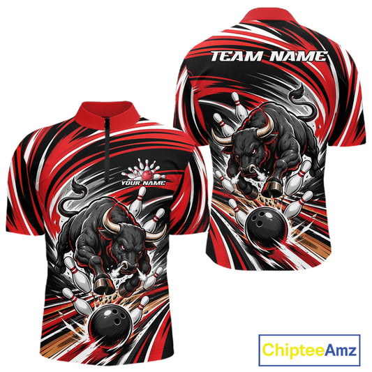 Custom bowling-themed short-sleeve quarter zip shirt shown from the front and back. The shirt features a bold red, black, and white swirl pattern with a graphic of a charging bull bowling with bowling pins and balls.