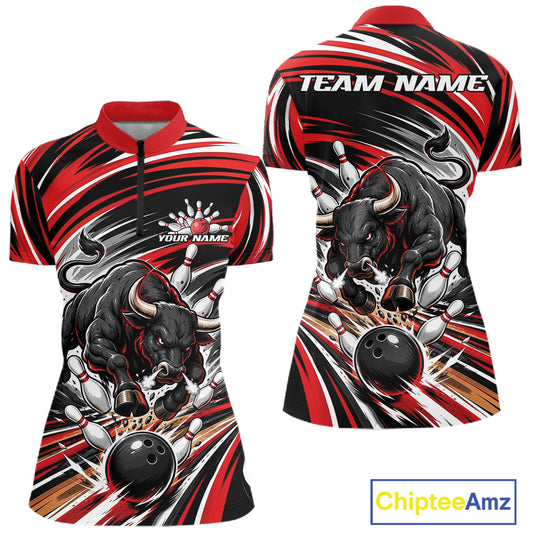 Front and back views of a short-sleeve quarter zip shirt featuring a dynamic black bull and bowling ball graphic on a red, black, and white abstract background. The front has a mock neck and a small customizable chest logo, while the back features a large 'TEAM NAME' print.