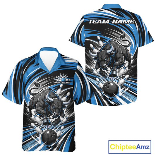 Custom Black And Blue Angry Bull Bowling Jerseys, Bowling Team League Men And Women Button Up Shirt IPHW11819