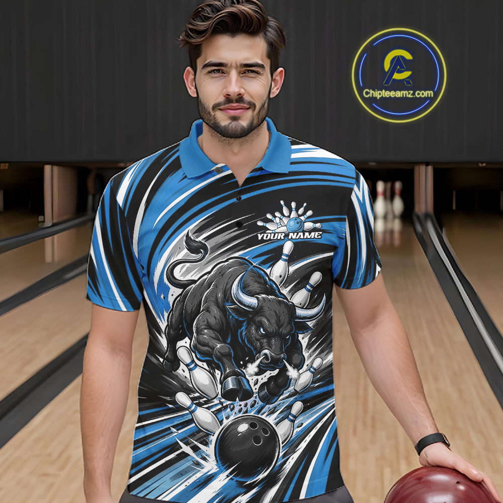 Custom Black And Blue Angry Bull Bowling Jerseys, Bowling Team League Men Polo Shirt IPHW11819