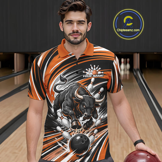 Custom Black And Orange Angry Bull Bowling Jerseys, Bowling Team League Men Polo Shirt IPHW11820