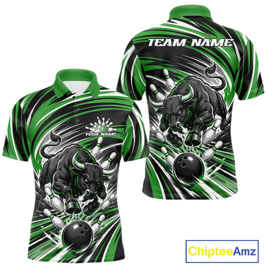 Custom Black And Green Angry Bull Bowling Jerseys, Bowling Team League Men Polo Shirt IPHW11821