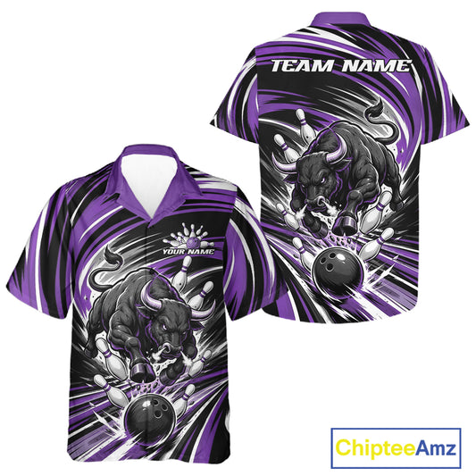 Custom Black And Purple Angry Bull Bowling Jerseys, Bowling Team League Men And Women Button Up Shirt IPHW11822