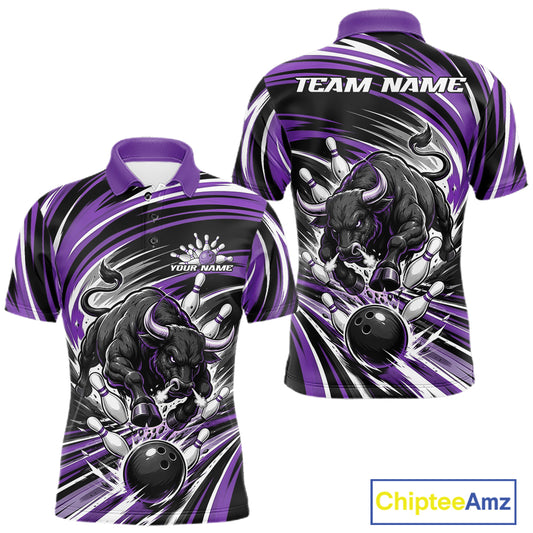 Custom Black And Purple Angry Bull Bowling Jerseys, Bowling Team League Men Polo Shirt IPHW11822
